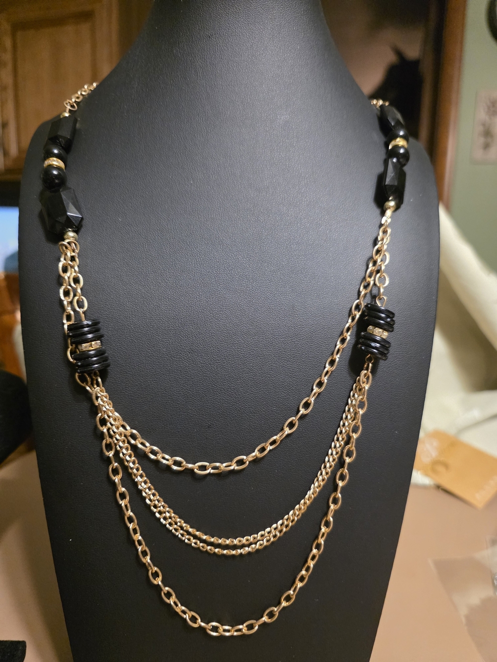 #259 Layered Gold and Black Bead Necklace - Women